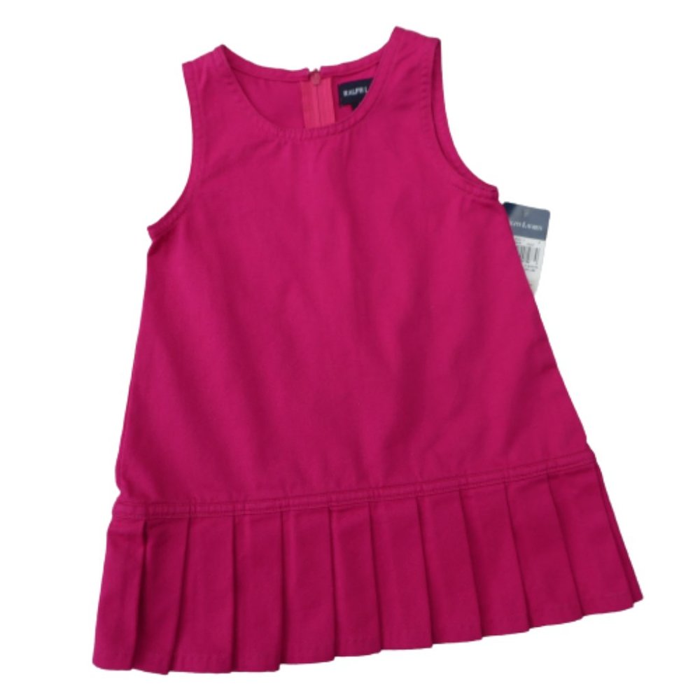 NEW Ralph Lauren Girls Jumper Dress Pleated Peplum Hem Dark Pink Cotton 18M